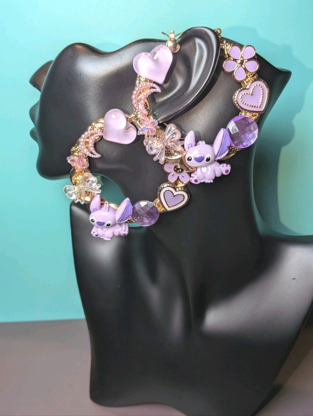 Hand Crafted Lavender Character Hoop Earrings with Gold Accents - Women Jewelry
